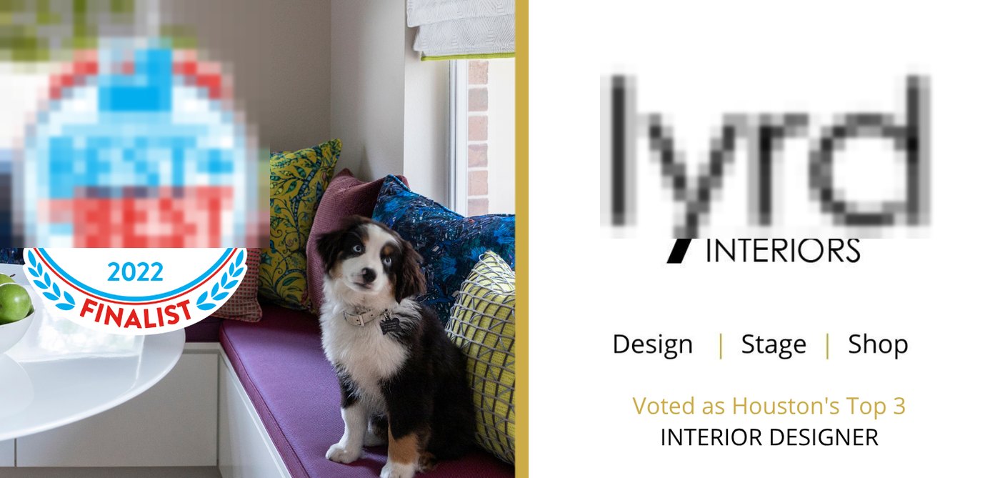 Half-page award ad for an interior designer, logo and badge pixelated