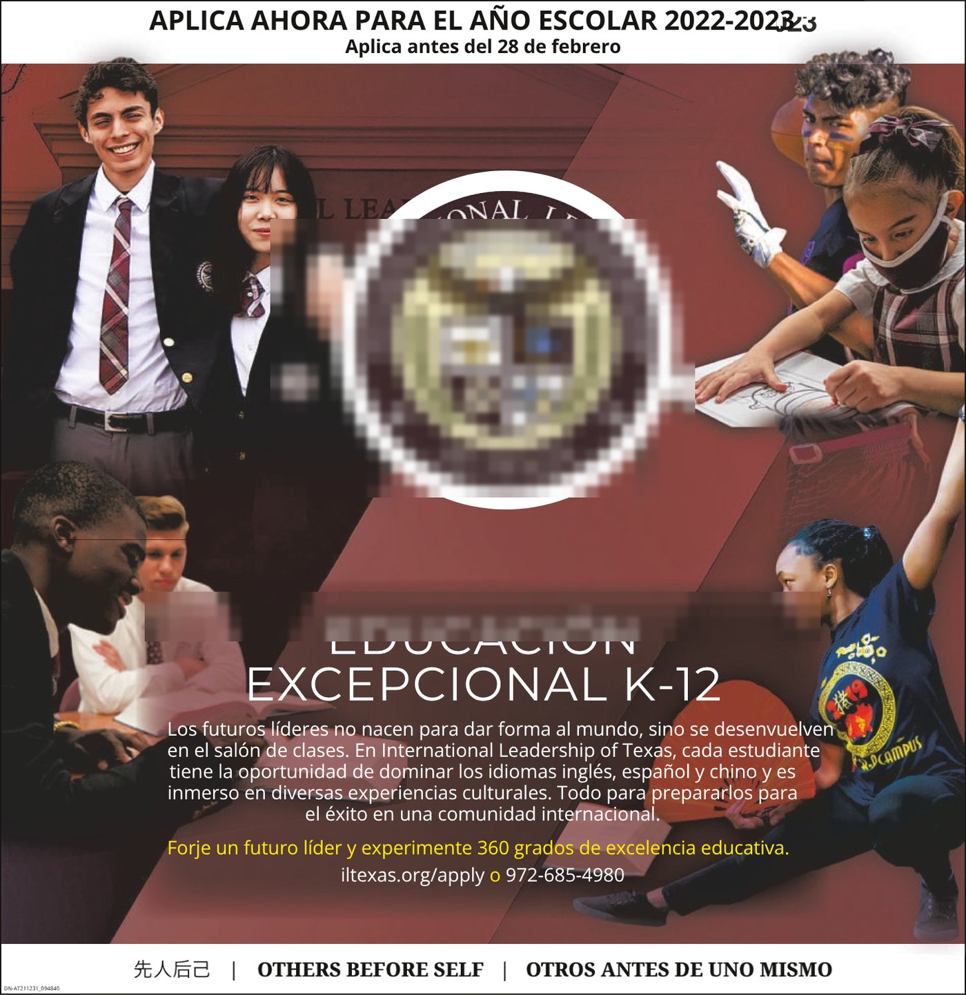 Spanish-language print ad for a K-12 school, crest pixelated