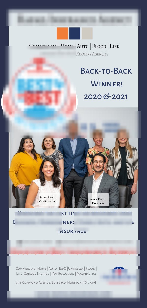 Back-to-back award ad for an insurance agency, names and logos pixelated