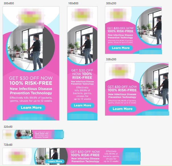 Display ad set in six sizes for a cleaning company, logos and phone numbers pixelated