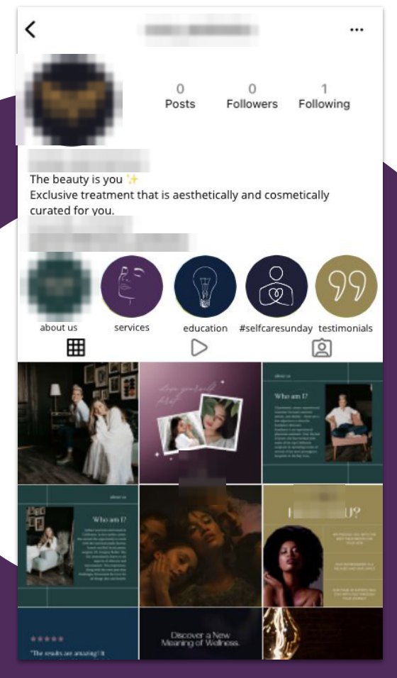 Instagram profile mockup for a med spa, handle, name and logo pixelated