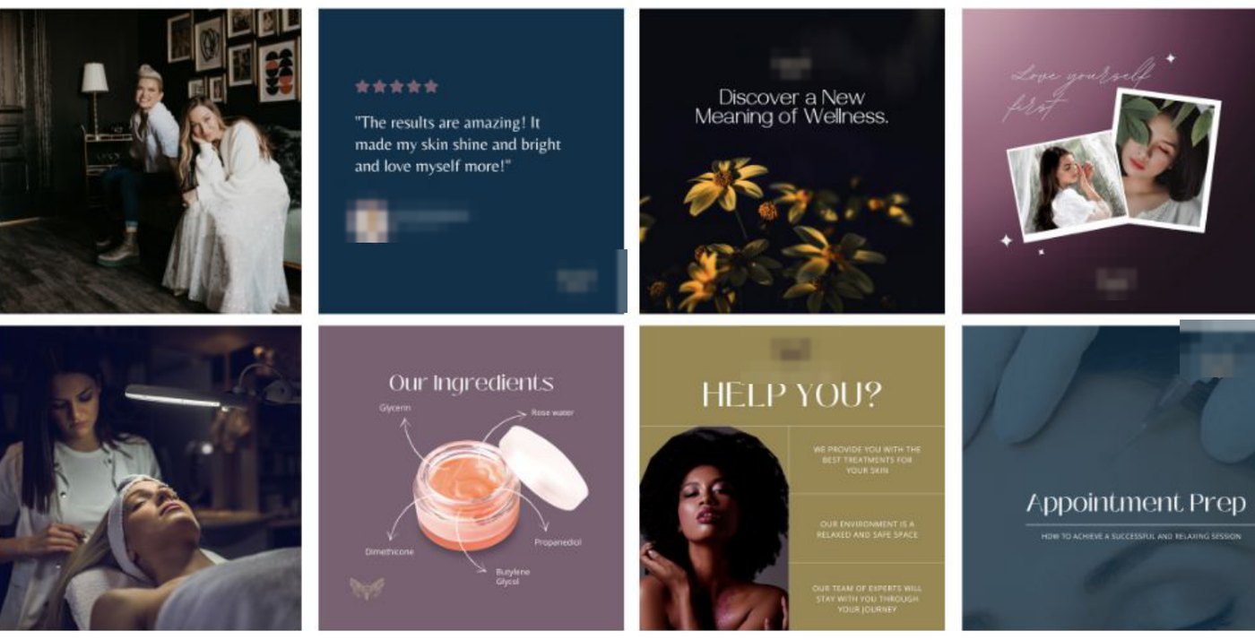 Eight Instagram post mockups for a med spa, logo marks pixelated