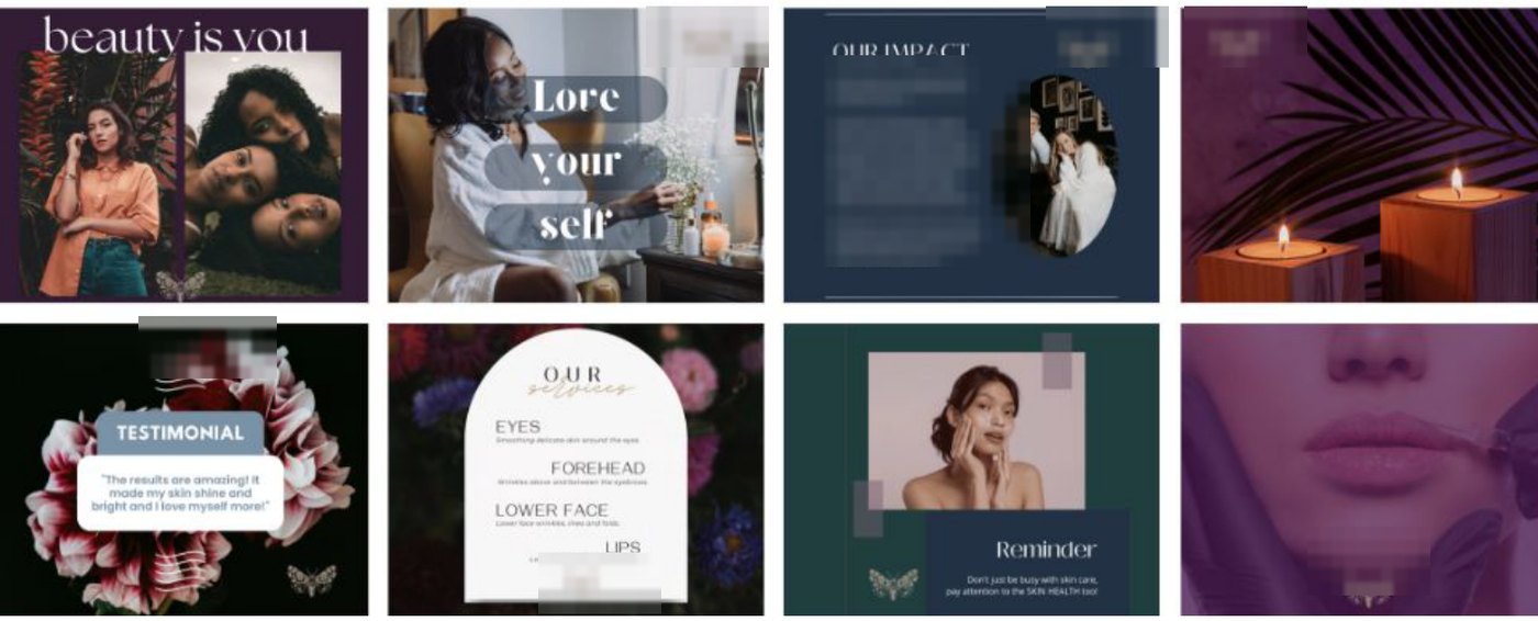 Eight Facebook post mockups for a med spa, logo marks pixelated