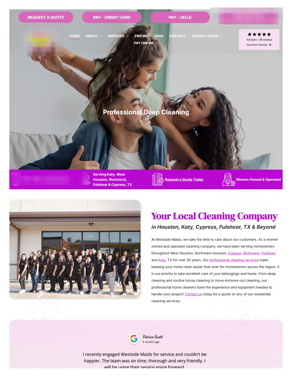 Home page of a cleaning company website, logo and phone pixelated